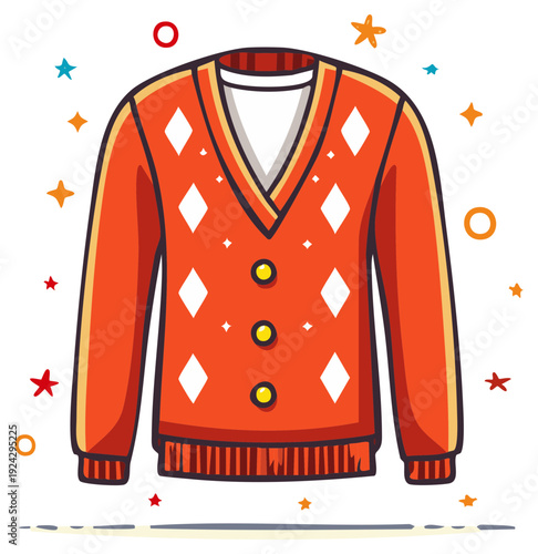 Cozy Orange Argyle Cardigan with Yellow Buttons and Festive Stars