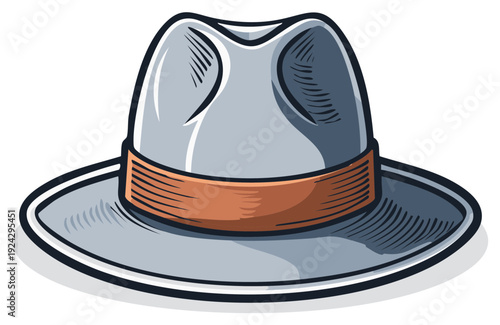 Classic gray fedora hat with a brown band illustration for stylish headwear concepts