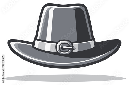 Illustration of a grayscale fedora hat with a silver band
