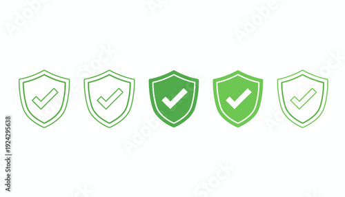 Set of green shield icons with checkmarks indicating security and approval.