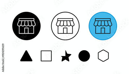 Set of storefront icons in various shapes and colors.
