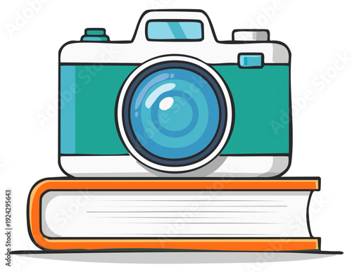 Illustration of a vintage camera resting on an open book, symbolizing photography and learning.