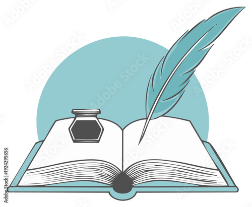 Classic open book with feather quill pen and inkwell symbolizing literature and writing