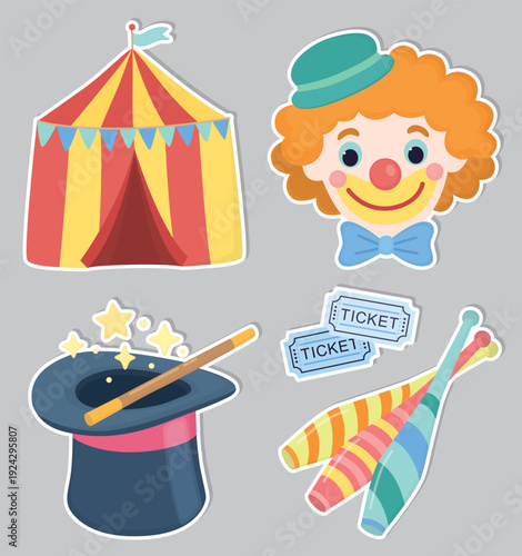 Stickers with colorul circus elements. Set with juggling pins, magician’s hat, striped tent, red‑haired clown and entry tickets isolated on gray