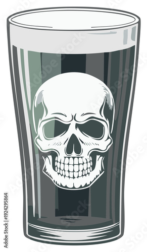 Tall pint glass with a skull graphic, filled with dark beverage, on a clean background