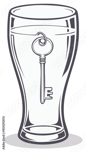 Vintage Key Submerged in Tall Glass of Liquid Symbolizing Discovery and Solutions