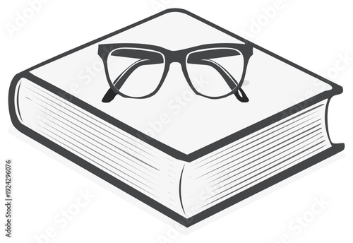 Black frame eyeglasses resting on a large closed book isolated illustration