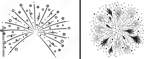 A diverse collection of celebratory vector graphics featuring a whimsical explosion of hand-drawn hearts, music notes, and comic doodles, paired with a vibrant orange minimalist sunburst icon.