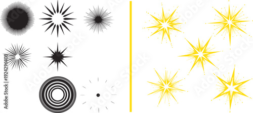 A versatile set of vector graphics featuring a range of monochrome starbursts, radial suns, and circular ring patterns alongside a collection of vibrant, glowing yellow star and spark icons.