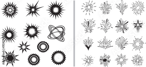 A comprehensive collection of monochrome vector icons featuring high-contrast black starbursts and explosions alongside various minimalist line-art sparks and festive firework flourishes.