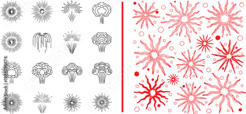 A comprehensive set of celebratory vector icons featuring various minimalist gray-line firework sparks and starbursts, alongside a vibrant red pattern of wavy sun-like radial explosions.