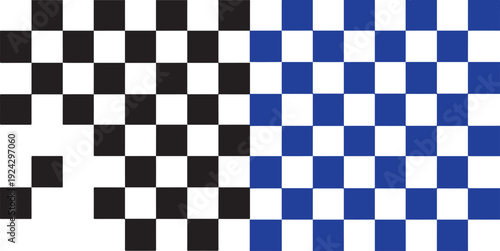 A vibrant vector set featuring a high-contrast black and white scattered checkerboard on the left and a clean, uniform blue and white grid pattern on the right.