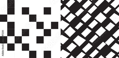 A minimalist monochrome graphic featuring a clean, scattered grid of black squares on the left and a dense, diagonal cross-hatched pattern of thick black lines on the right.