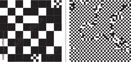 A monochrome vector duo: the left features a low-resolution, pixelated black and white checkerboard; the right displays a dense, high-frequency digital noise pattern of tiny checkered squares.