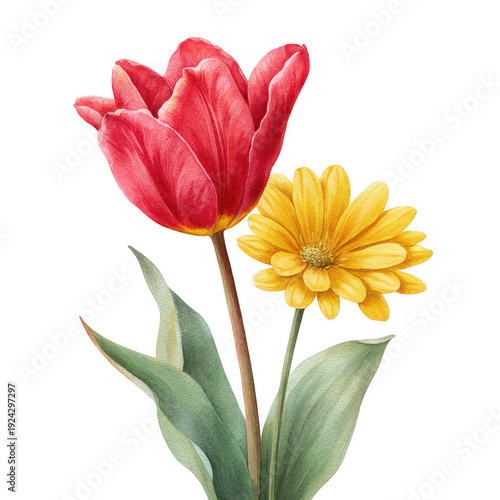 Red tulip and yellow daisy flowers with green leaves illustration transparent background
