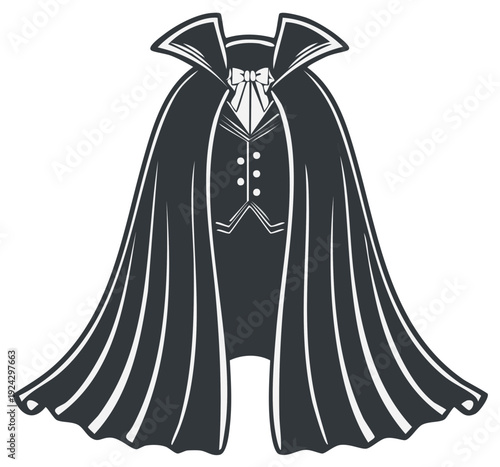 Elegant vampire cloak and tuxedo with bow tie graphic illustration