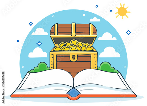 Open Book Leading to Treasure Chest with Coins and Sunny Sky Illustration