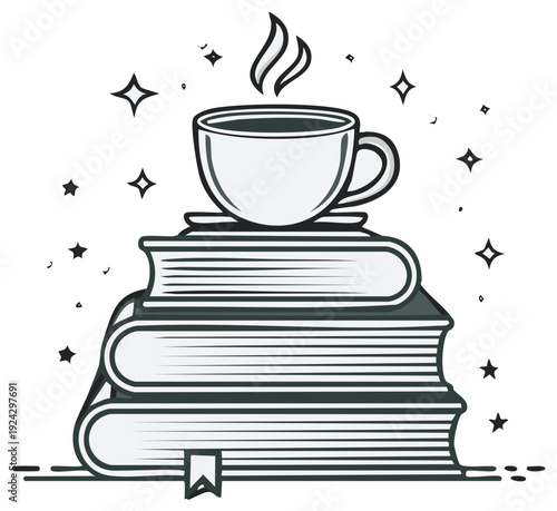 Steaming Coffee Cup Perched Atop a Stack of Books with Sparkling Stars and a Bookmark