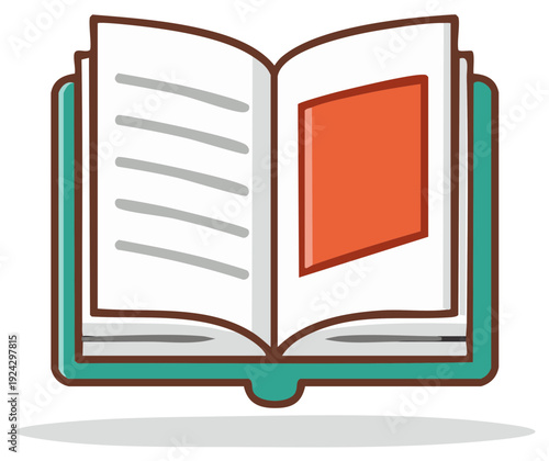 Illustrated open book with teal cover, showing lines of text and an orange graphic on white pages.