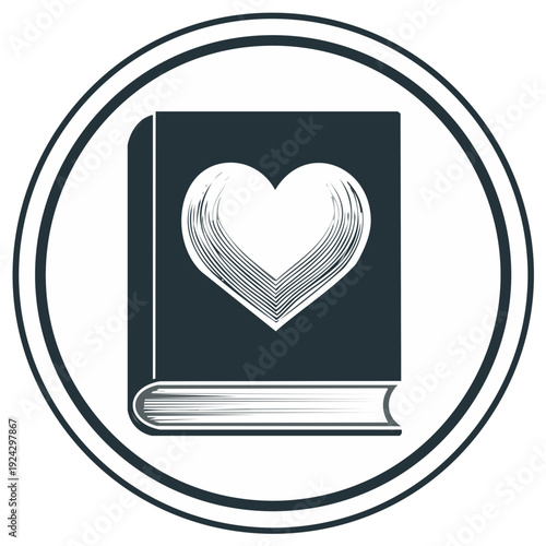 Heart adorned book illustration within a double circle frame for educational or romantic concepts