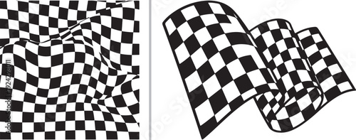 A monochrome vector duo: on the left, an abstract field of warped, liquid-like checkerboard waves; on the right, a stylized waving checkered flag with bold outlines and a sense of movement.