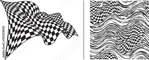 A dynamic composition of flowing checkered banners and liquid-like wavy patterns, blending classic racing motifs with fluid, psychedelic optical distortions in high-contrast monochrome.