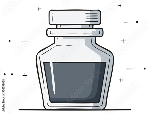 Ink bottle illustration with black liquid, drawing style.