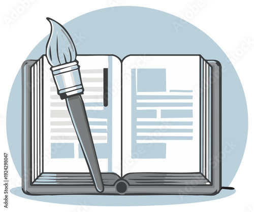Illustration of a book with open pages and a paintbrush, education concept