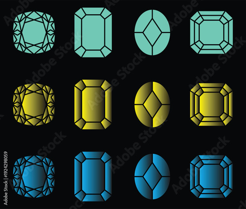 3D gemstones glowing geometric shapes diamond emerald sapphire gold blue yellow abstract background