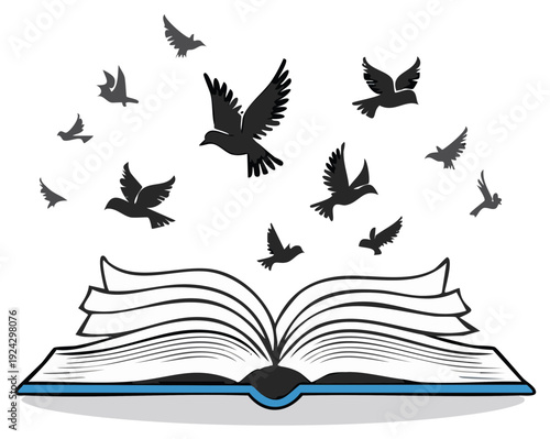 Silhouette birds flying out of an open book representing imagination and knowledge