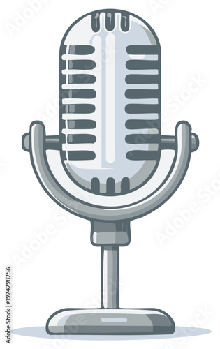 Cartoon illustration of a retro silver microphone isolated on white background.