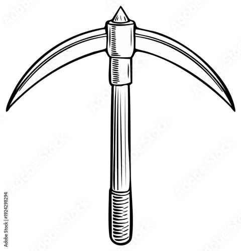 Single Pickaxe Engraving Illustration Mining Tool for Mineral Extraction and Historical Mining Equipment