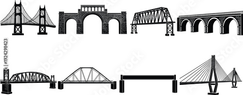 Bridge silhouette collection, suspension, arch, truss and cable stayed bridges isolated on white background architecture infrastructure illustration set