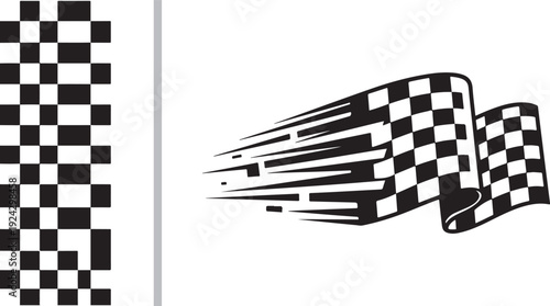 A black and white racing-themed vector featuring a vertical checkered border and a waving checkered flag with motion lines, symbolizing speed, victory, and automotive sports.