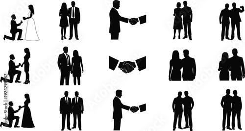 Business and relationship silhouette collection, handshake agreement, proposal, couple, partnership, teamwork people isolated on white background corporate illustration concept design