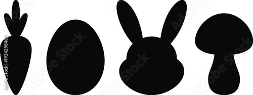 Easter silhouettes illustration with bunny head, carrot, egg, mushroom, springtime holiday concept, black and white artwork design