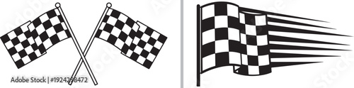 Classic racing iconography featuring crossed checkered flags and a speed-streaked banner, symbolizing victory, automotive sports, and the high-energy atmosphere of the finish line.