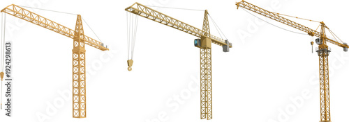 Three heavy industrial lifting cranes with hook and steel cables isolated on white background
