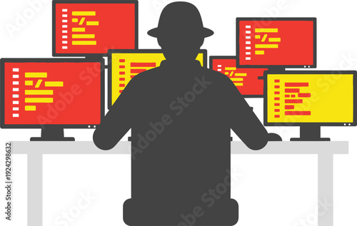 Hacker silhouette wearing a fedora hat works intensely surrounded by multiple glowing computer screens showing lines of red and yellow programming text.