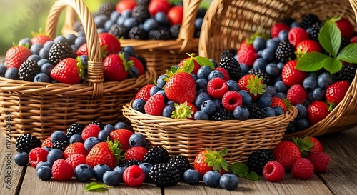Assortment of fresh mixed berries in rustic woven baskets display