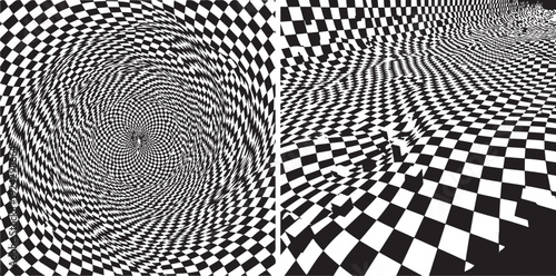 Dynamic black and white op-art featuring a swirling checkered vortex and a warped perspective grid that creates a disorienting sense of motion, depth, and structural distortion.