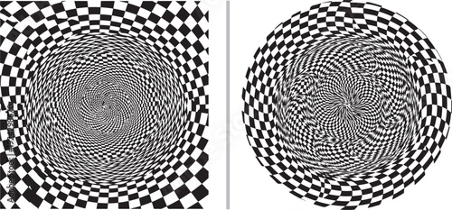 Hypnotic monochrome optical illusion featuring concentric checkered patterns and distorted geometric spirals that create a sense of warped depth and rhythmic motion.