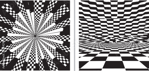 Two monochrome vector panels featuring distorted checkerboard patterns. Left: a radial explosion of checkered rays. Right: a warped perspective grid creating a sense of wavy, 3D space.