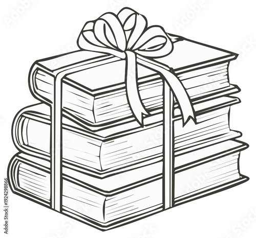 Hand Drawn Stack of Books Bound with Ribbon and Bow Illustration Black and White