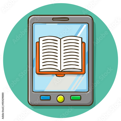 Cartoon smartphone icon with an open book representing digital reading and online education