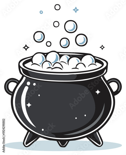 Bubbling cauldron with magical potion and sparkles illustration