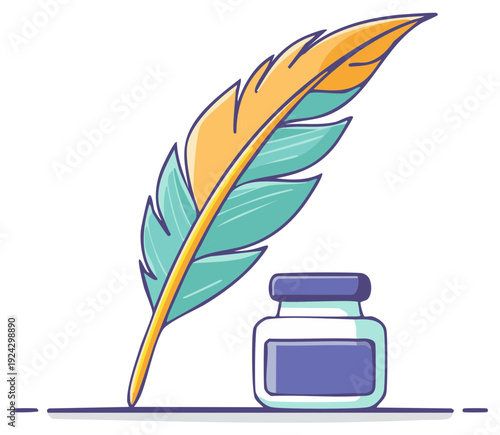 Colorful quill pen poised beside a glass ink bottle for writing creative stories and letters