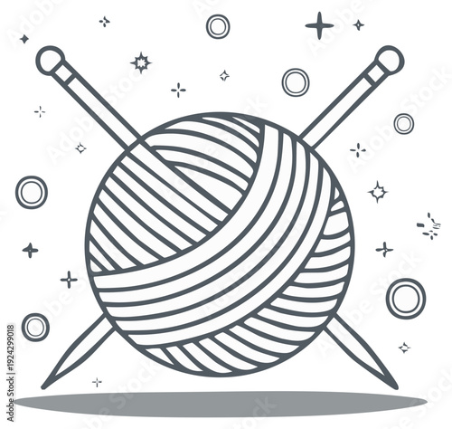 Line art of yarn ball with knitting needles for hobby design and handcraft projects