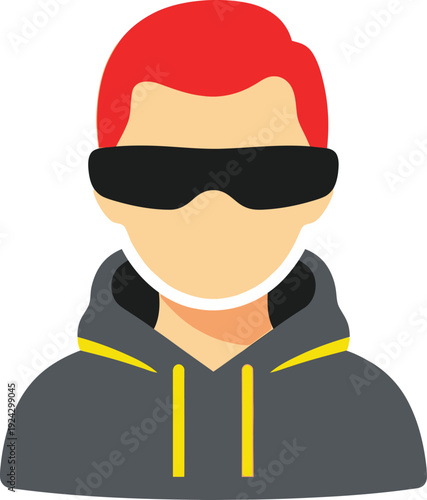 Hacker avatar wearing dark sunglasses and a gray hooded sweatshirt represents online anonymity and digital threat.