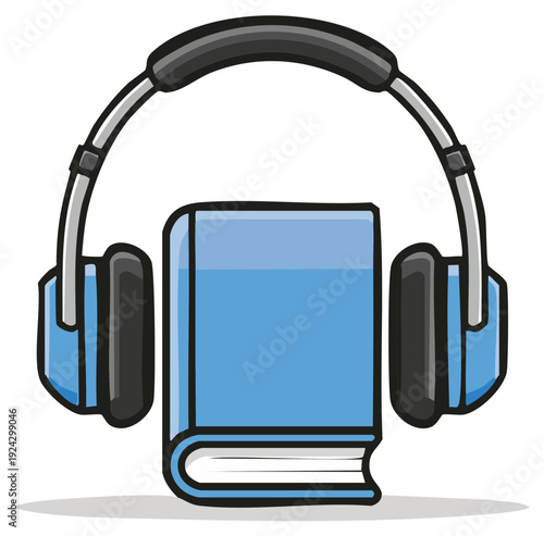 Cartoon illustration of a blue book wearing headphones for audiobook and e-learning concept